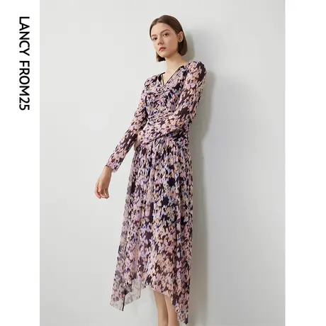 朗姿复古印花浪漫气质高级感v领显瘦裙子女2024年春季新款连衣裙图片