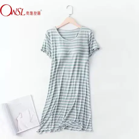 睡裙女夏天短袖甜美圆领条纹宽松纯欲风带胸垫睡裙图片