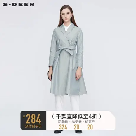 sdeer圣迪奥秋装休闲翻领暗褶拼接收腰长款大衣女S21181810图片