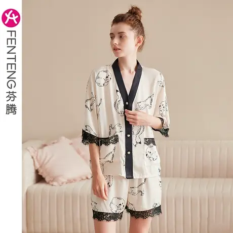 芬腾短袖睡衣女夏季冰丝薄款开衫V领宽松大码仿真丝绸家居服套装图片