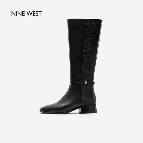 Nine West/玖熙拼接鳄鱼纹高筒靴冬新款方头粗跟不过膝骑士靴图片