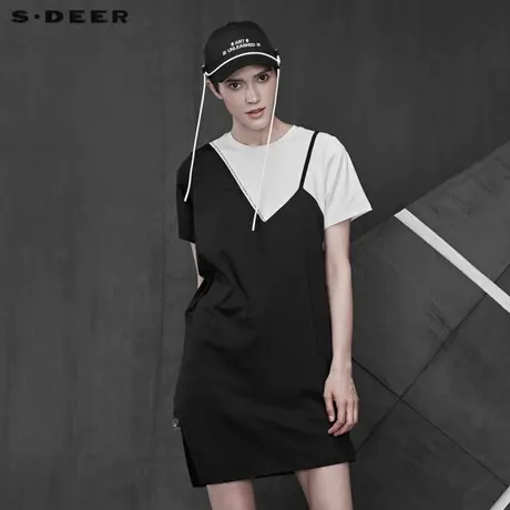 sdeer圣迪奥夏季圆领字母撞色拼接不规则摆短袖连衣裙女S19281239图片
