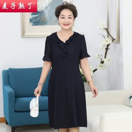 妈妈夏装洋气连衣裙阔太太高贵气质短袖过膝裙子中老年人女装薄款商品大图