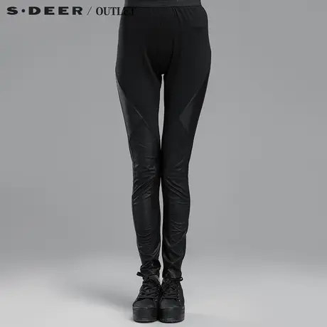 s deer圣迪奥女装2017冬装光感涂层拼接松紧休闲打底裤S14480895商品大图