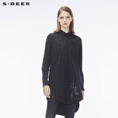 sdeer圣迪奥女装休闲圆弧错摆百搭长袖格子衬衫S17380579图片