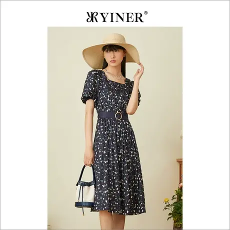 YINER音儿女装夏季法式优雅法风收腰方领真丝连衣裙图片