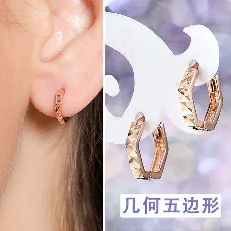 18k玫瑰金耳环钉夹 复古港风耳饰几何不规则骨扣9k二环彩金耳圈女图片