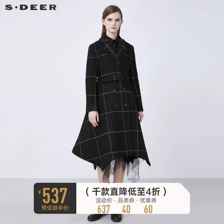 sdeer圣迪奥冬季西装领收腰格纹长款毛呢大衣女S21481821图片