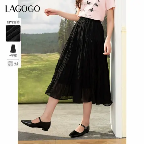 LAGOGO百褶显瘦半身裙女拉谷谷2025夏季新款松紧高腰气质黑裙子图片