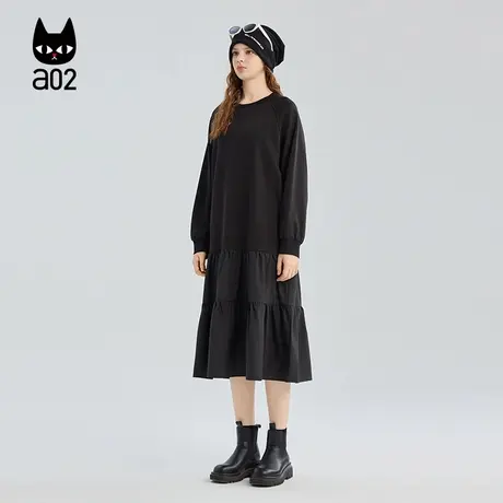 a02拼接设计感卫衣连衣裙女2025新款秋季黑色裙子设计感长裙秋装图片