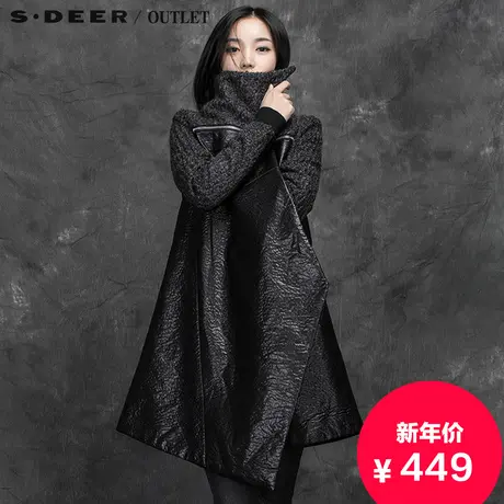 s.deer圣迪奥女装冬装新款拼皮拼接中长款风衣大衣外套S15481825图片