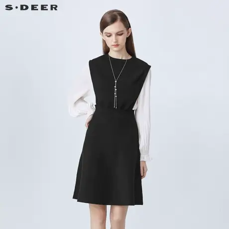 sdeer圣迪奥女装罗纹圆领喇叭袖撞色雪纺拼接针织连衣裙S21461217图片
