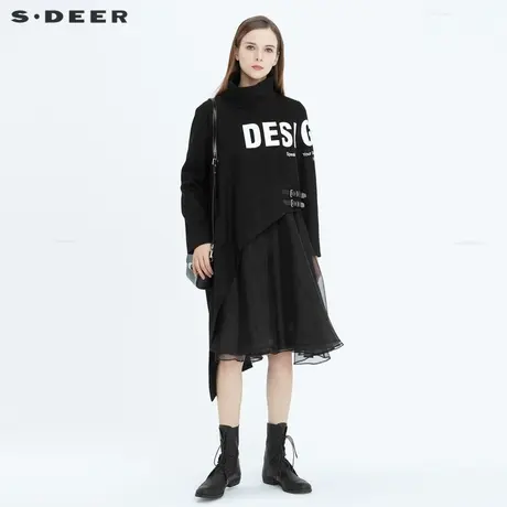 sdeer圣迪奥冬季女装立领字母印花吊带黑色连衣裙两件套S20481709图片