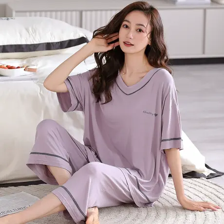 婷美夏天睡衣女士莫代尔自带胸垫短袖七分裤夏季可外穿家居服套装图片