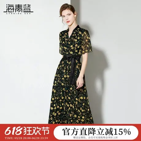 海青蓝 连衣裙夏女2025年新款短袖碎花v领女装中长款高级时尚裙子图片