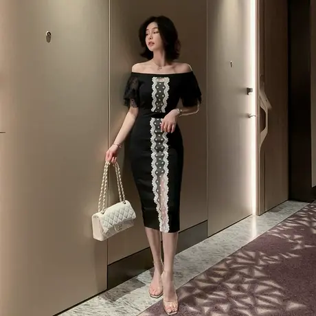 泡泡袖直筒连衣裙女夏季2024新款一字肩修身显瘦包臀性感中长裙子图片
