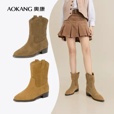 奥康女鞋 冬季新款时尚西部靴尖头粗跟舒适中筒气质女士时尚靴子商品大图
