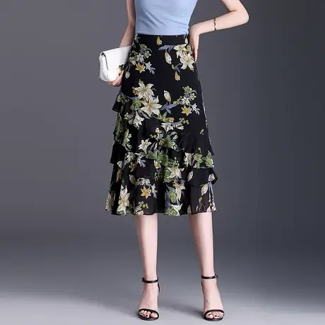 印花雪纺裙a字半身裙女夏季薄款2025新款高腰显瘦中长荷叶边裙子图片