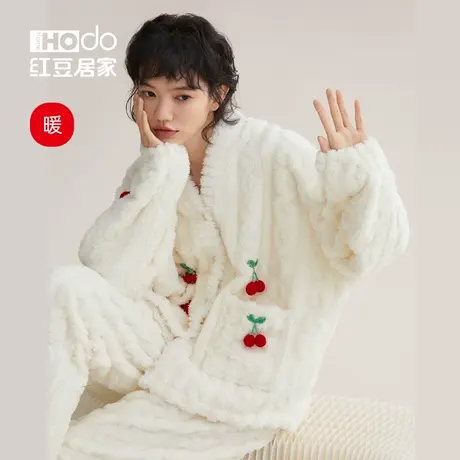 红豆居家珊瑚绒樱桃睡衣女冬季可外穿可爱少女加厚冬款家居服套装商品大图