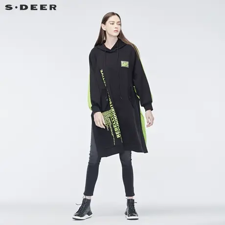 sdeer圣迪奥春秋连帽撞色字母开衩下摆长袖大码连衣裙女S19181215图片