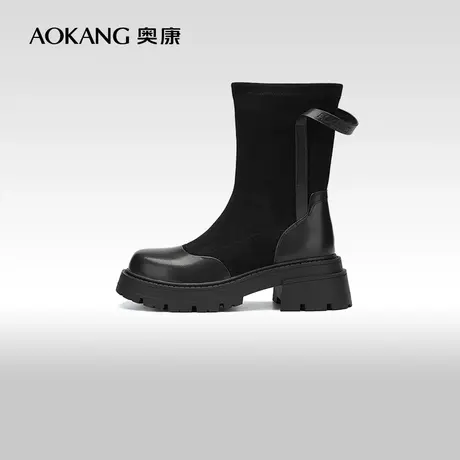 【门店发货】奥康女鞋 冬季新款时尚厚底弹力靴黑色瘦瘦靴商品大图