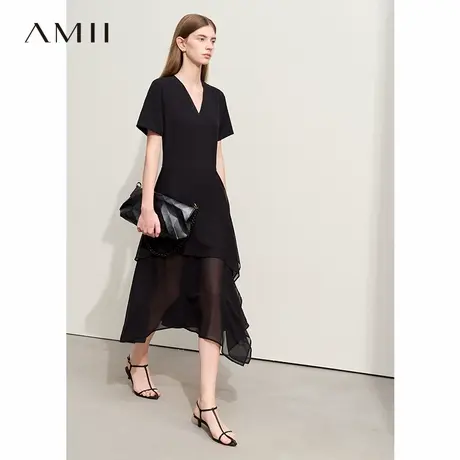 Amii2025夏新款V领雪纺裙连衣裙女微透视拼接不对称裙子小黑裙图片