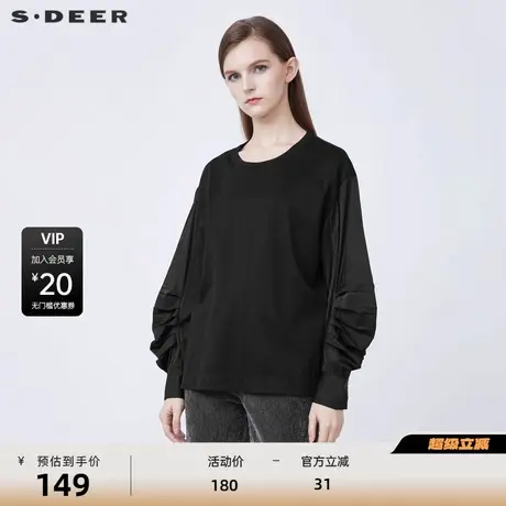 sdeer圣迪奥女装时尚圆领抽褶灯笼袖宽松黑色T恤S21480215商品大图