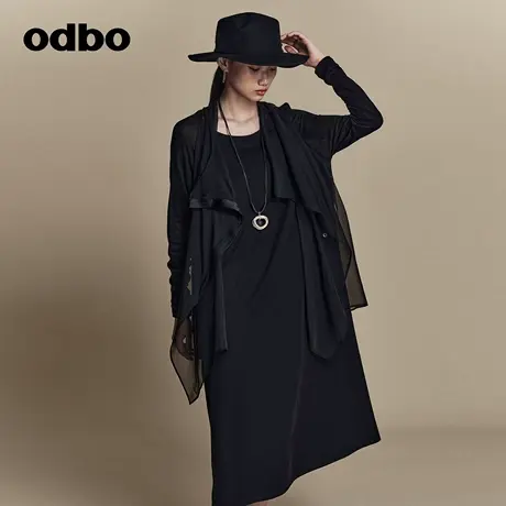 odbo 设计感小众假两件长袖连衣裙春装女新款黑色显瘦中长裙图片