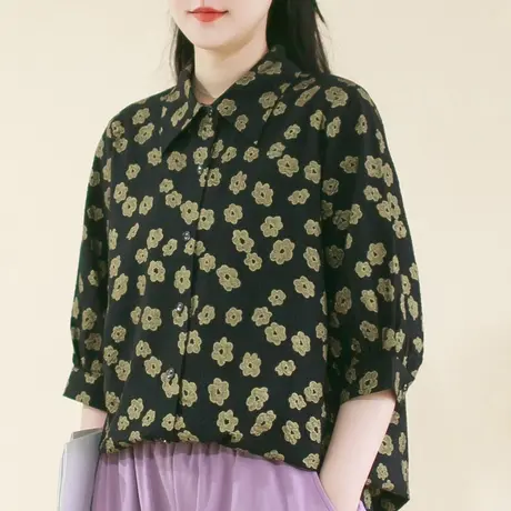 胖妹妹夏季质感黑金花朵衬衫 加大码2023新款宽松五分袖飒帅上衣图片