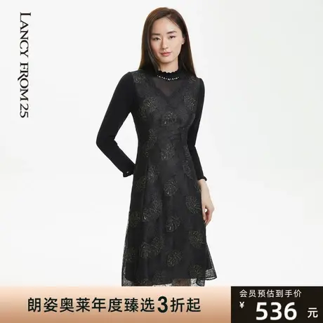 LANCY/悦朗姿冬季新款收腰蕾丝显瘦印花连衣裙女小立领裙子图片