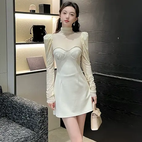 法式轻奢御姐风高领连衣裙女洋气显瘦高级感收腰小个子长袖a字裙图片