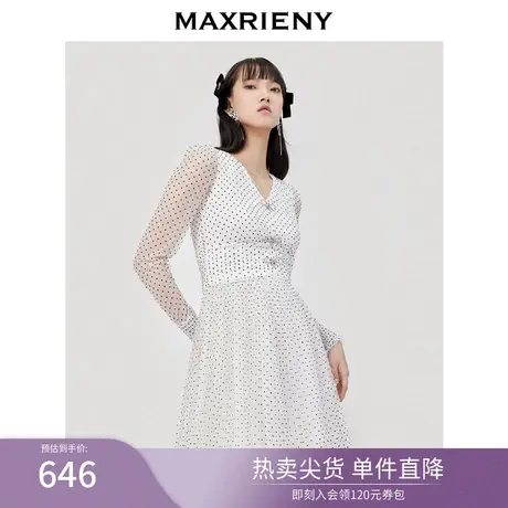 maxrieny复古波点连衣裙女春款网纱蕾丝短裙洋气图片