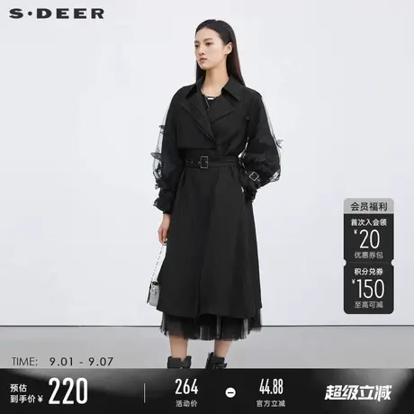 sdeer圣迪奥风衣女收腰绣花网纱褶皱中长款外套S223Z1822图片