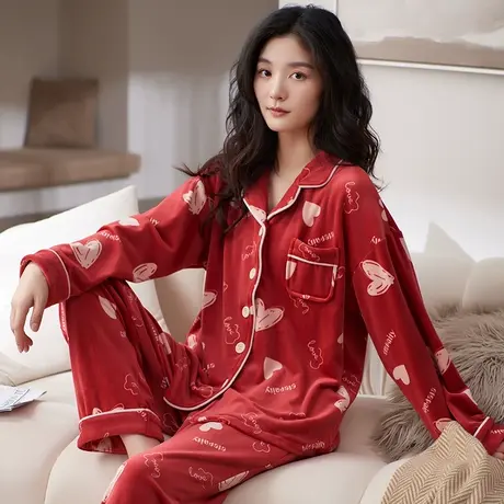 猫人舒绒睡衣女加绒加厚红色结婚本命年开衫家居服套装秋冬季大码图片