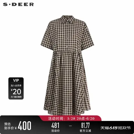 sdeer圣迪奥女装25年新品学院风翻领棋盘格短袖连衣裙S252Z1258图片