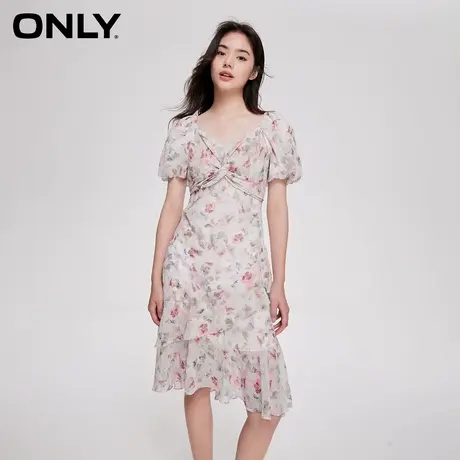 ONLY2024春季新款时尚甜美泡泡袖V领中裙碎花连衣裙女|123207140图片