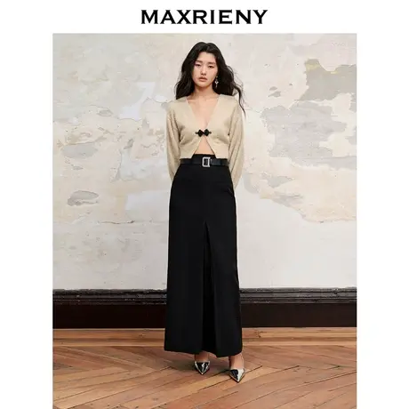 【商场同款】MAXRIENY极简垂坠感满钻工字褶直筒黑色长裙秋冬半裙图片