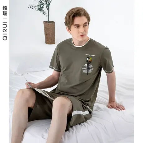 绮瑞男士家居服夏季纯棉短袖短裤薄款睡衣男夏圆领家居服套装大码图片