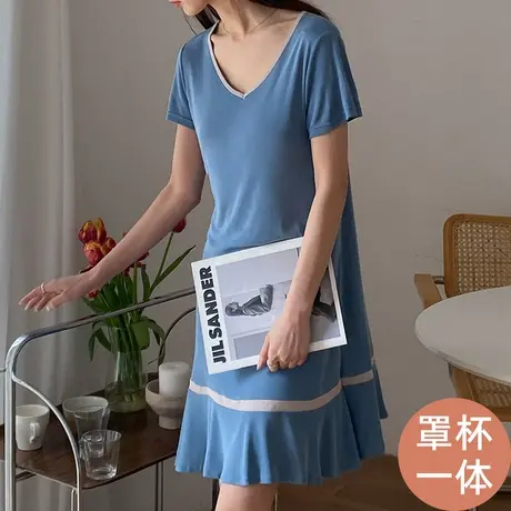 睡裙女夏季薄款纯色V领套头可外穿女士睡衣宽松透气带胸垫家居服图片