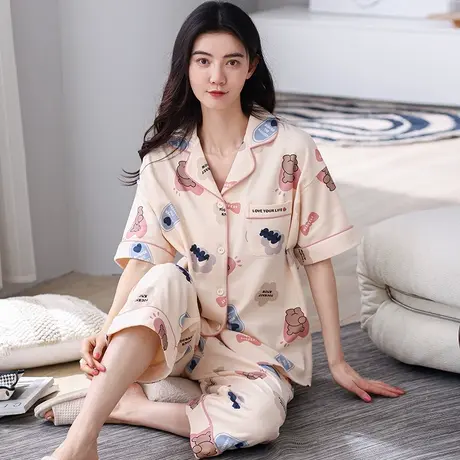 新一步2024夏季睡衣女纯棉开衫印花外穿家居服短袖七分裤套装翻领图片