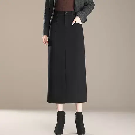 黑色通勤包臀裙女秋冬显瘦中长裙子2025新款高腰开叉半身裙一步裙图片