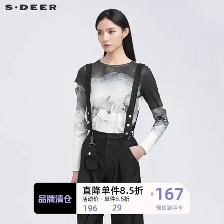 sdeer圣迪奥女装个性圆领水墨晕染挖空长袖T恤S22180221商品大图