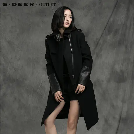 sdeer圣迪奥女装2017冬装工装风PU拼接设计长款毛呢大衣S14481850图片