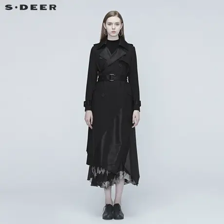 sdeer圣迪奥春装翻领拼接双排扣收腰长款黑色风衣外套女S20381819图片