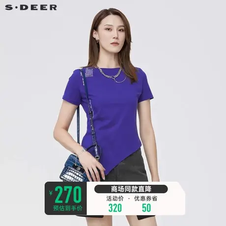 sdeer圣迪奥T恤女夏装打底圆领字母设计感短袖上衣S222801A7商品大图