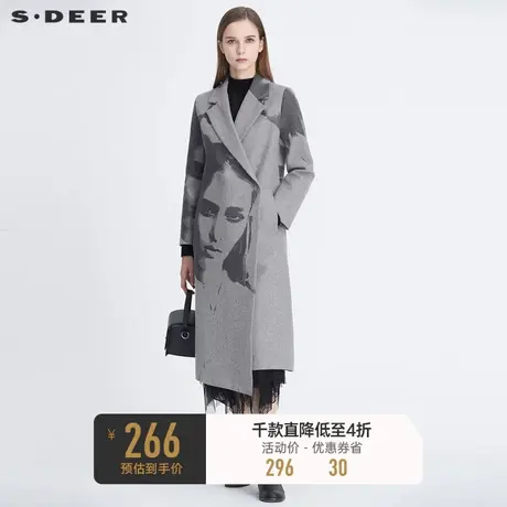 sdeer圣迪奥冬季女装西装领人像印花中长款灰色毛呢大衣S20481818图片