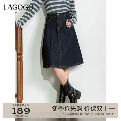 不易褪色LAGOGO高腰牛仔半身裙女拉谷谷2025年冬季新款不对称裙子图片