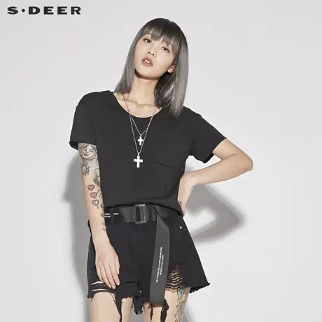 sdeer 圣迪奥 女装酷感休闲圆领贴袋设计短袖T恤S18280168商品大图
