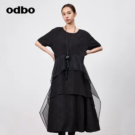 odbo/欧迪比欧时尚肌理感玻璃纱拼接黑色连衣裙女夏季新款蛋糕裙图片