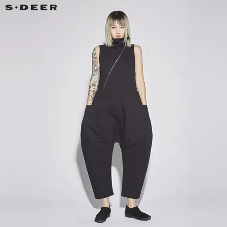 sdeer圣迪奥2019春装纯色对称口袋斜襟肌理无袖连体裤女S17380847图片